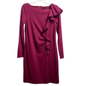 Ann Taylor Maroon Wool Blend Dress Ruffle Detail Long Sleeve Women's SZ 10